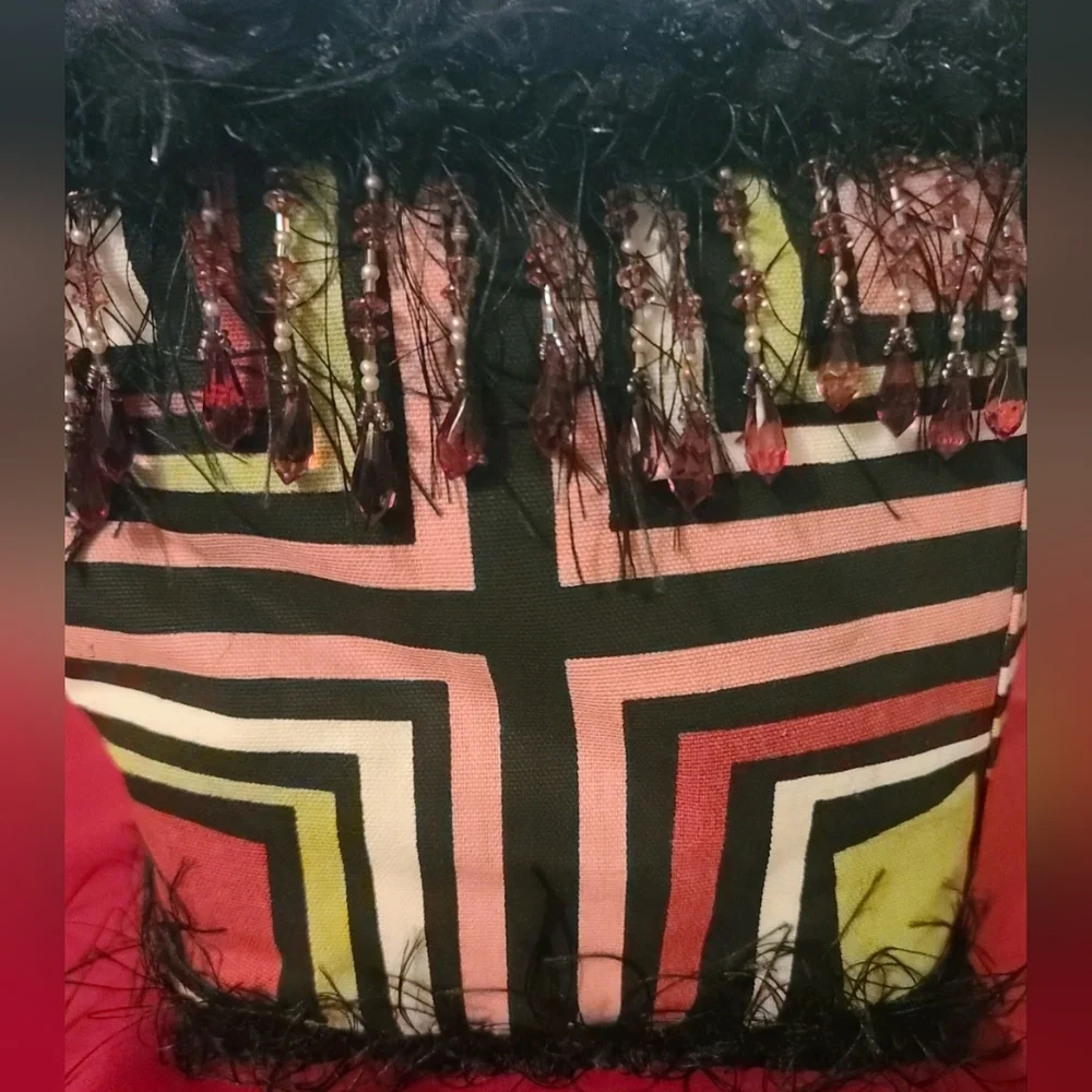 Glenda Sirota One of a Kind Bead & Boa Feather Handmade Colorful Geometric Tote